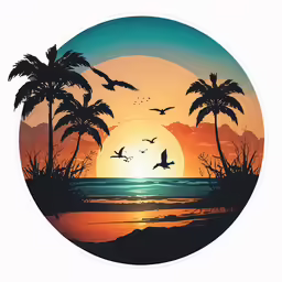 a painting of birds flying near the sun