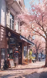 a woman walking down the street in front of a building with a pink tree