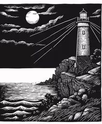 a black and white drawing of a lighthouse in the ocean,a lighthouse is shown on the shore of a lake and a full moon in the background
