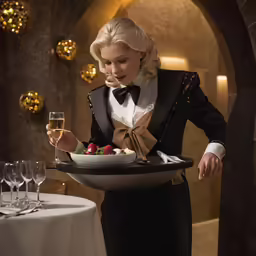 a woman in a dress holding a tray filled with food
