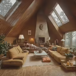 a living room with wood ceilings and a loft