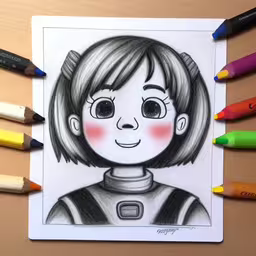 some colored pencils and a drawing with a girl with a sweater,colored pencils sitting next to the drawing of a child