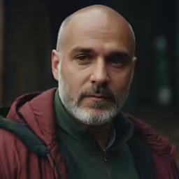a close up shot of a bald man