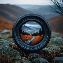 a round lens sitting on the ground in front of a scenic mountain