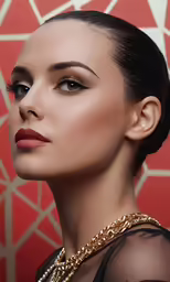 a woman with black hair and red lipstick wearing a gold chain necklace