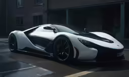 an elegant, black and white sports car parked in the street