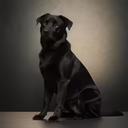 a black dog sitting on top of a floor