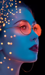 a woman is shown wearing glasses with light bubbles covering her eyes