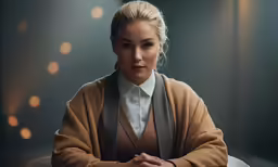 a woman sitting at a table with her hands on her knees