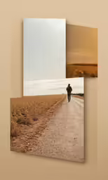 two pictures are shown with the same person walking