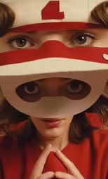 the girl is wearing a baseball hat and eyes have brown eyes