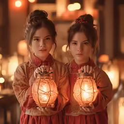 two girls hold up two glowing lanterns