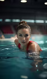 a woman standing in a pool of water with her eyes closed