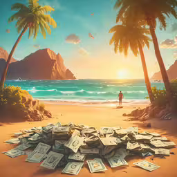 money laid out on a beach under palm trees,a lot of money sitting on top of a sandy beach