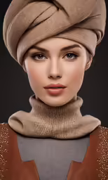 a young woman with a camel colored turban