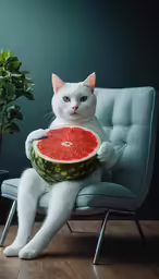 a white cat sitting in a blue chair holding a watermelon slice