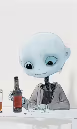 a strange looking alien holds a bottle of beer