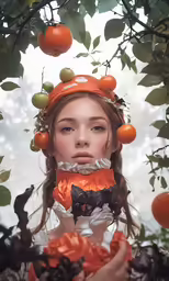 a girl with oranges on her head is under some leaves