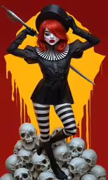a painting with skull skulls and a girl dressed as a clown
