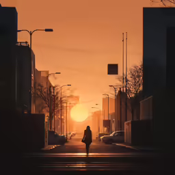 an empty street with the sun setting on the horizon