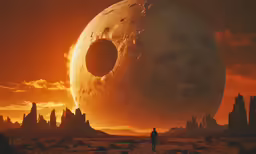 a large object on the horizon of an ancient, alien world