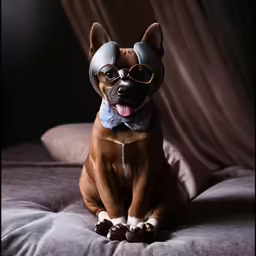 a dog wearing sunglasses sitting on top of a bed