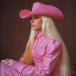 a barbie doll with blonde hair and a pink hat
