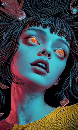 an image of a woman with long hair and glowing eyes