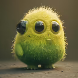 a yellow furry stuffed animal with big eyes