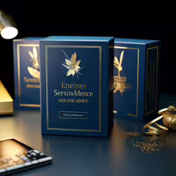 an electronic device sitting next to a blue box,an open box with a gold leaf on top of it
