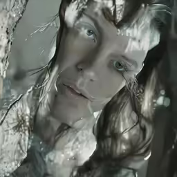 an artistic image of a woman looking through the glass