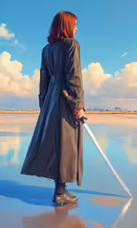 a woman with red hair in black coat holding a sword