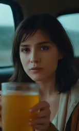 a young woman is holding a glass of beer