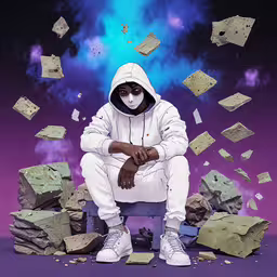 a person in white sitting on a pile of rocks,a person in a white jacket and blue hoodie sitting on the ground