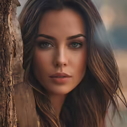 a girl is holding on to a tree