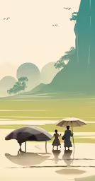an illustration of two people walking with umbrellas on beach