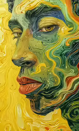 a painting that appears to be a woman with wavy hair and green eyes