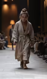a woman walks down the runway with her hair pulled back