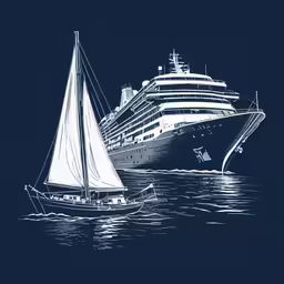 a boat is sailing across the water by a cruise ship