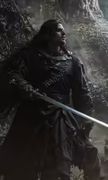 a man with long hair in a black outfit holding two swords