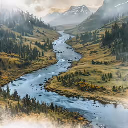 a landscape image showing a stream running through the grass