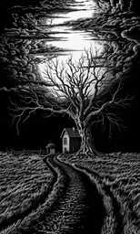 a black and white image of a tree and a barn in the background
