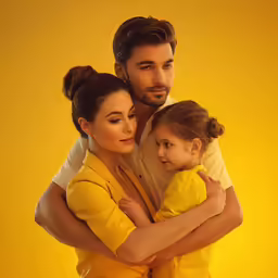 two adults, one carrying a small child in yellow