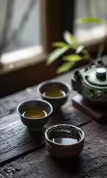 three white dishes filled with green tea sitting on a table