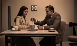 a man and woman seated at a table with coffee