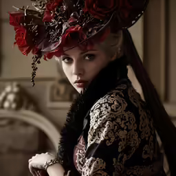 a woman dressed in a hat with roses