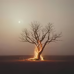 a light up tree with the sun in the background