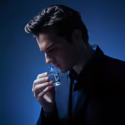 a man smoking a cigarette in front of a dark blue background