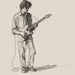 a black and white drawing of a person holding a guitar