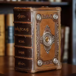 a brown, wooden book has many books on it